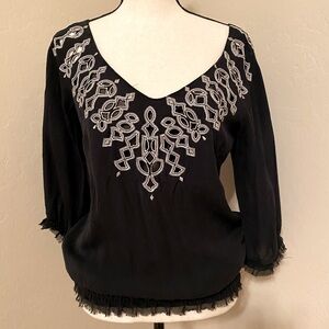 Black silk off the shoulder embroidered top